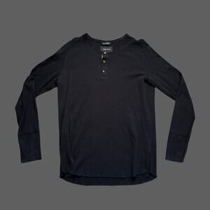 Wings + Horns Men Black LS Henley Raw Hem Scoop Neck XL